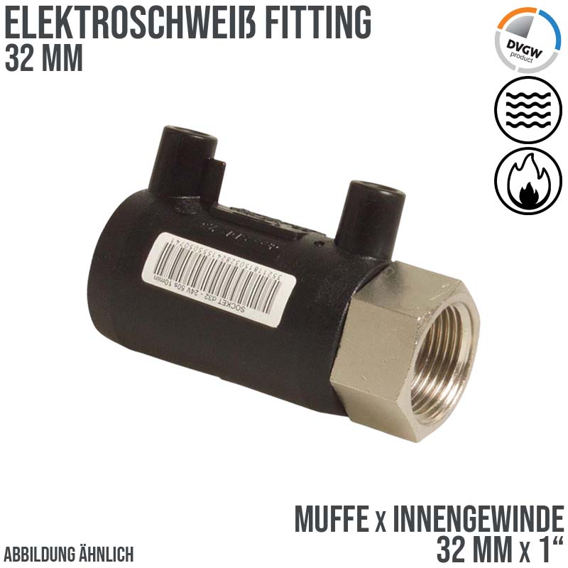 32 mm PE 100 Elektro Schweiß Fitting Muffe x Innengewinde 32 mm x 1" SDR 7,6 DVGW 24 VAC schwarz