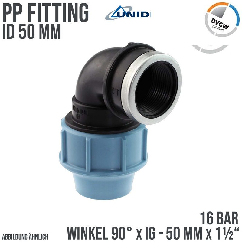 50 mm x 1 1/2" PE PP Fitting Klemm Verbinder Verschraubung Rohr Winkel 90° x IG DVGW - Unidelta