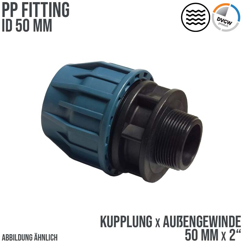 50 mm x 2" PE PP Fitting Klemm Verbinder Verschraubung Muffe Rohr Kupplung x AG DVGW - PN 16 bar