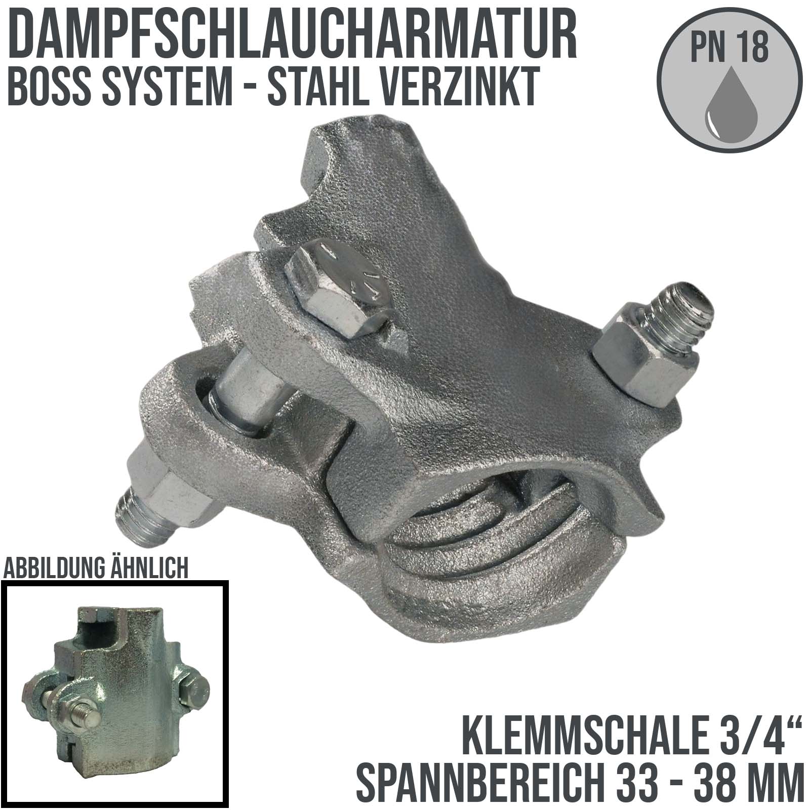 3/4" BOSS Klemmschale Dampfschlaucharmatur Edelstahl AISI 316 - Spannbereich 33 - 38 mm - PN 18 bar
