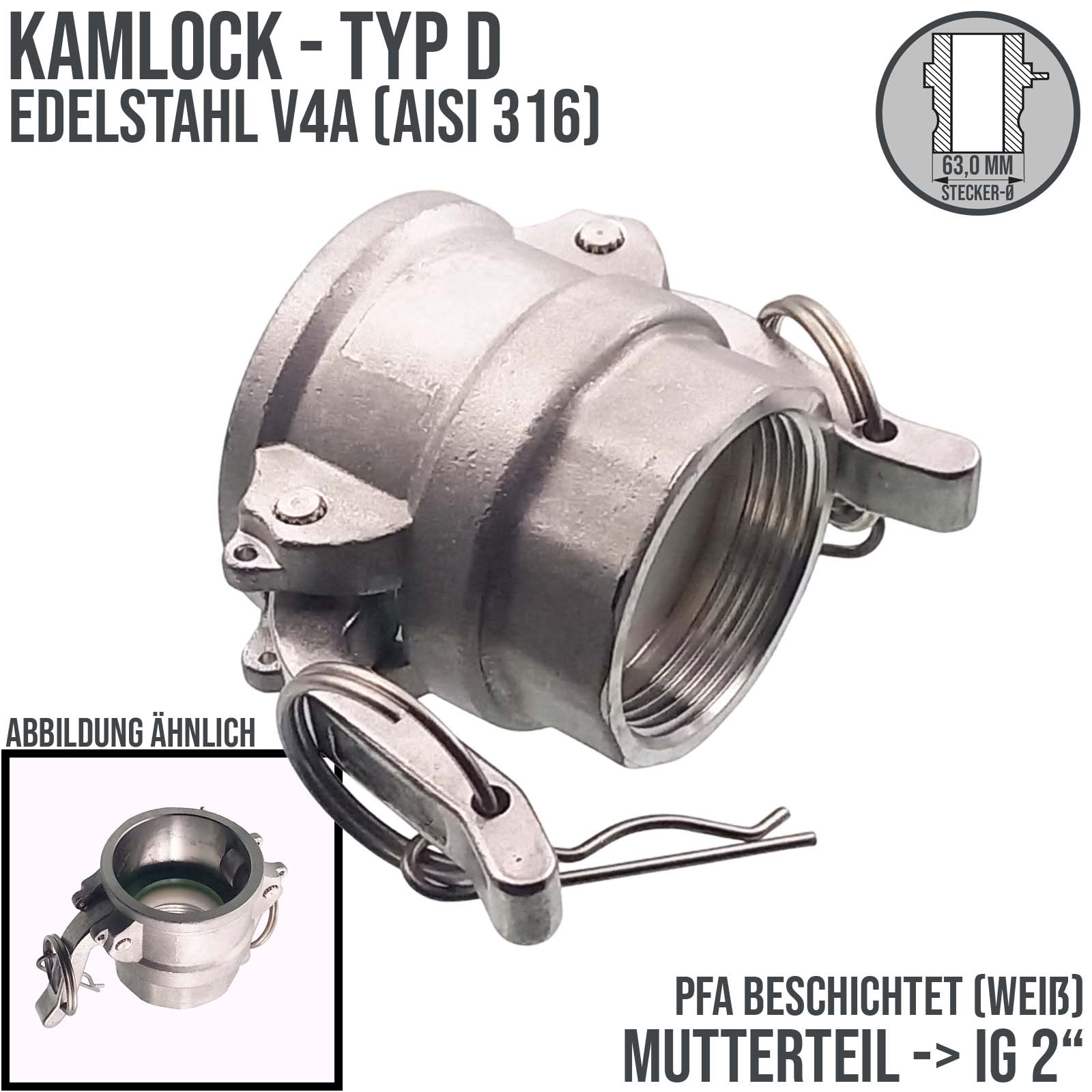 Kamlock Typ D - Mutterteil Edelstahl V4A (AISI 316) mit Innengewinde (IG) für Stecker 63,0 mm - 2" Zoll DN 50 PFA beschichtet - PN 25 bar
