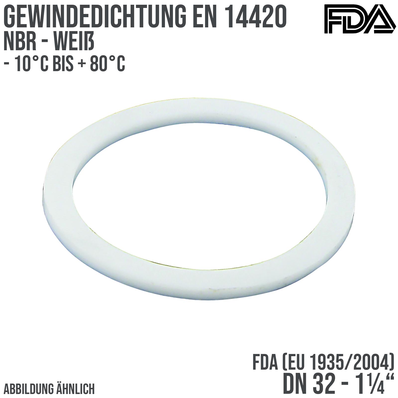 1 1/4" Zoll Gewindedichtung EN 14420 NBR weiß FDA EU 1935/2004 DN 32