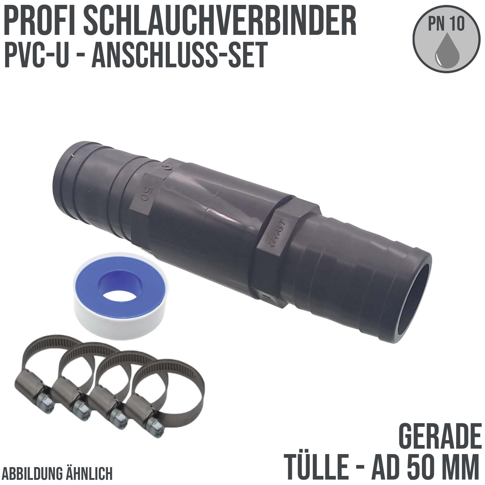 50 mm PVC PROFI Gerade Schlauch Verbinder Stutzen Tülle Pool Teich Garten - PN 10 bar - Montage-Set
