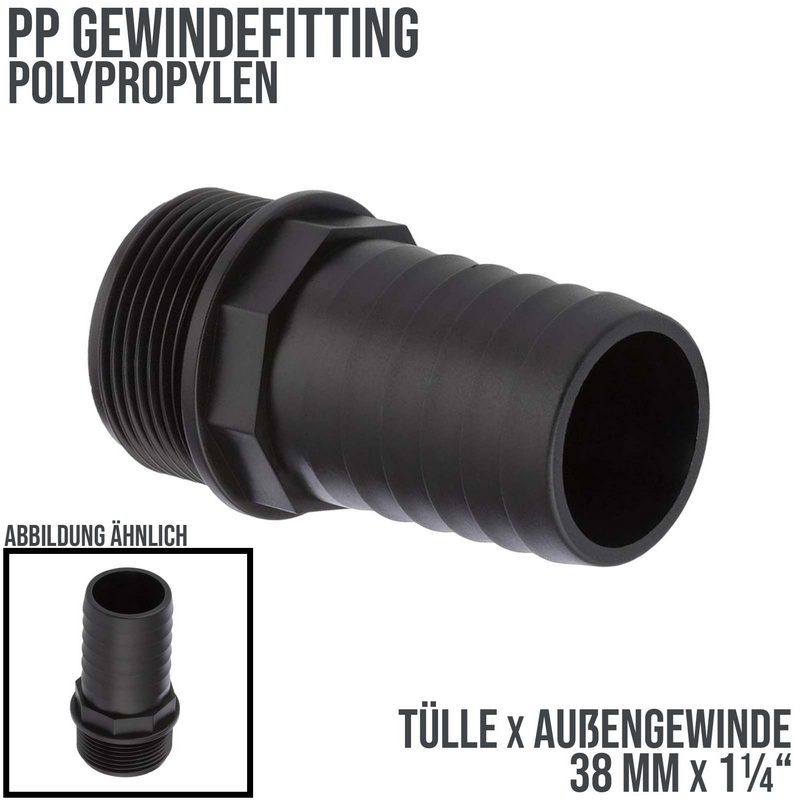 38 mm x 1 1/4 " PP Gewinde Fitting Schlauch Tülle Stutzen Außengewinde AG - PN 6 bar