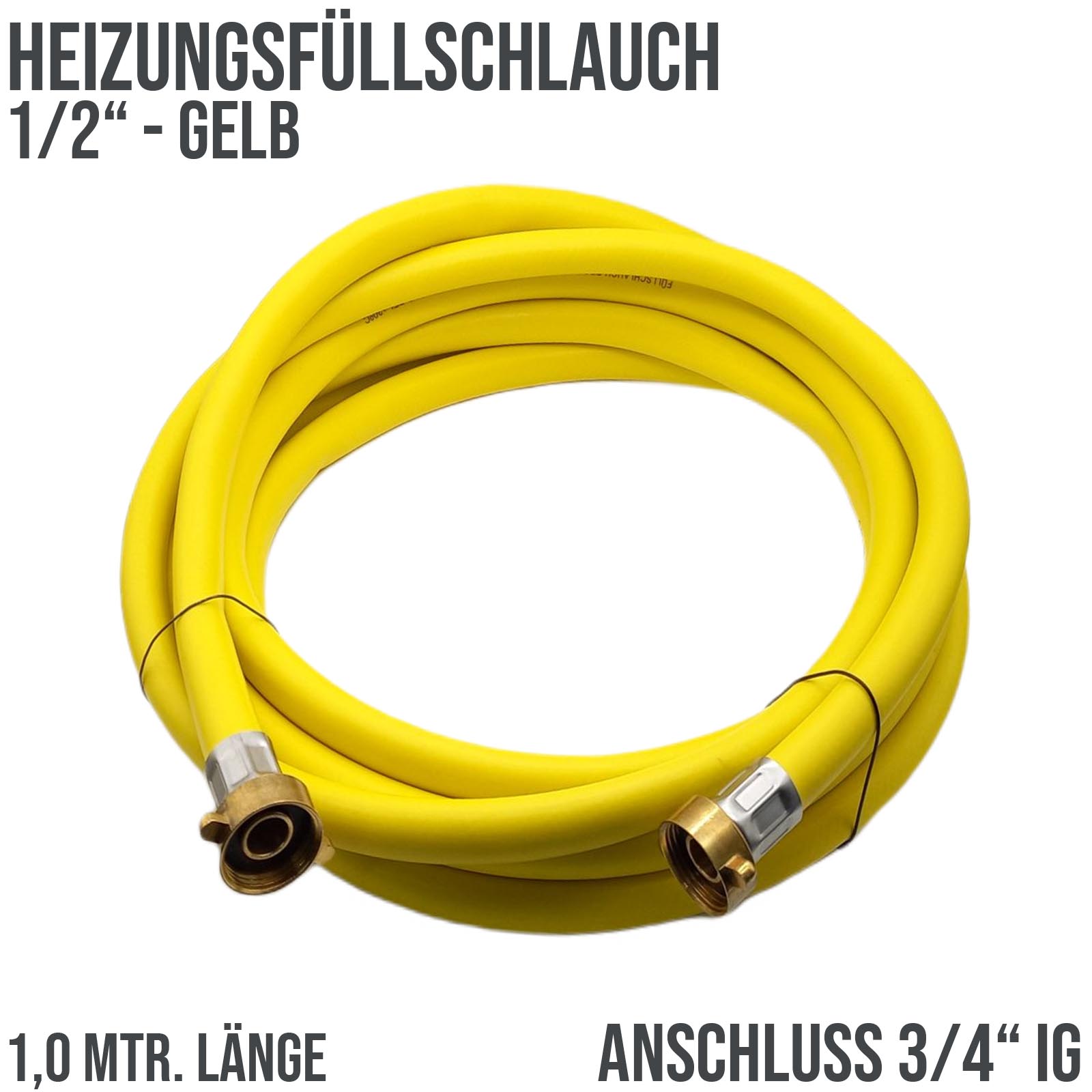 1,0 m Heizungs Füllschlauch Wasser Heizkörper Radiator Sanitär Schlauch gelb - 3/4" Anschluss - PN 8 bar