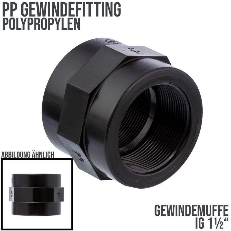 1 1/2" PP Gewinde Fitting Muffe schwarz Innengewinde IG Polypropylen - PN 10 bar