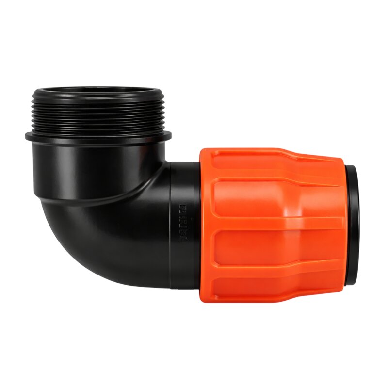 76 mm x 3" PE PP Fitting Layflat Klemm Verbinder Winkel 90° x Außengewinde AG Flach Schlauch - PN 6 bar