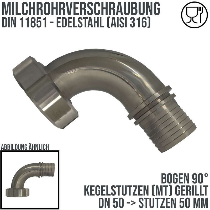 DN 50 Milchrohr Verschraubung DIN 11851 Mutterteil 90° Bogen Kegel Stutzen Sicherungsbund - Stutzen gerillt 50 mm - PN 25 bar