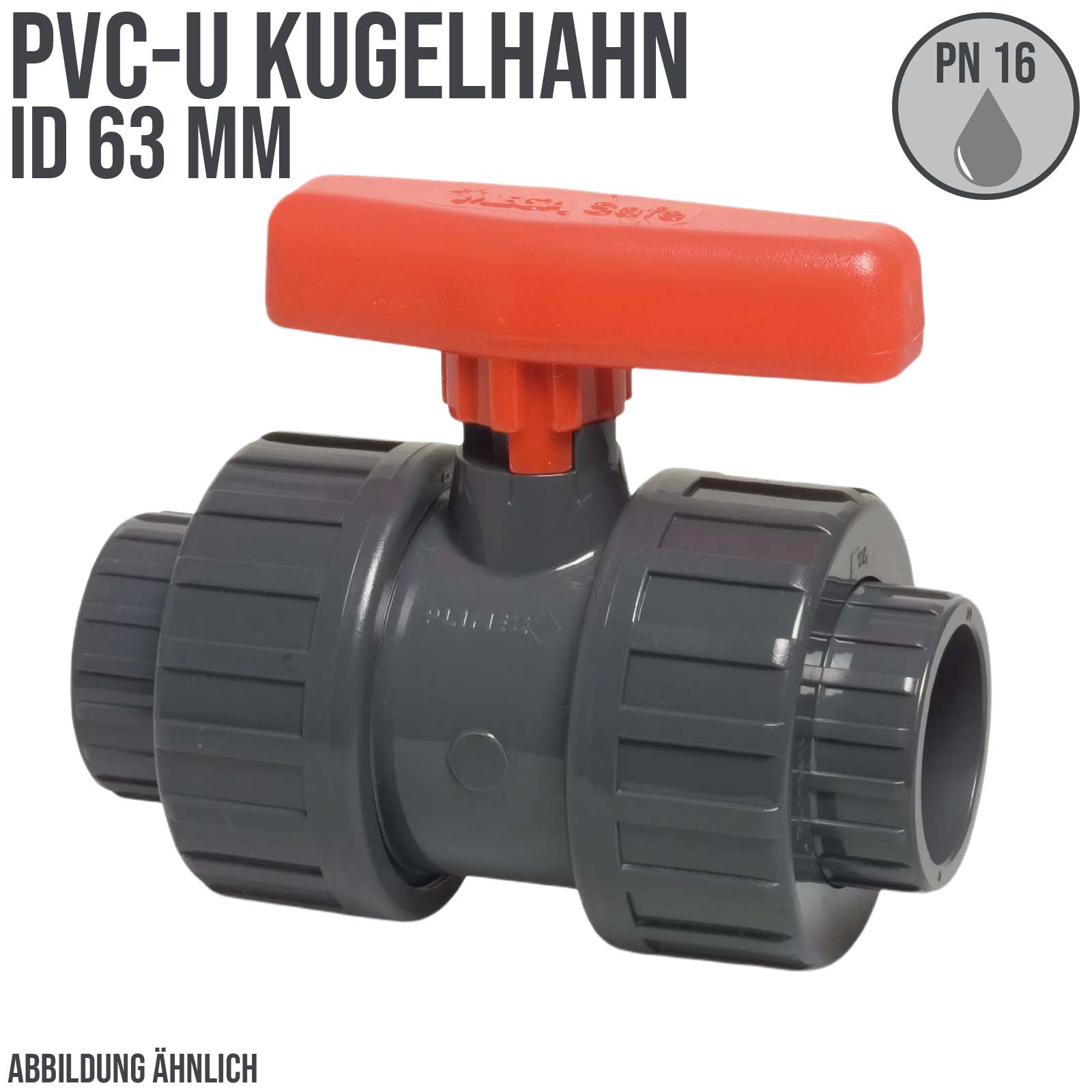 63 mm PVC Kugel Absperr Hahn Ventil beidseitige Klebemuffe Fitting PN 16 bar - roter Griff