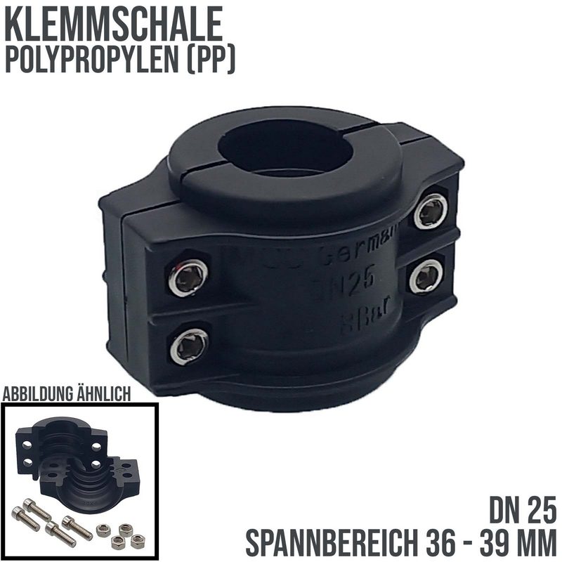 DN 25 Klemmschale Polypropylen PP schwarz Spannbereich 36 - 39 mm für Schlauch ID x AD 25 x 37 mm - PN 8 bar