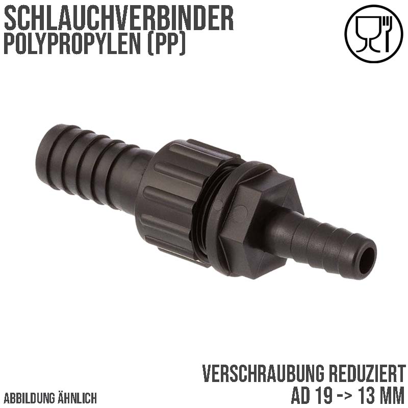 19 x 13 mm Schlauch Verschraubung reduziert 2-fach Stutzen Tülle Pool Teich Garten PP schwarz - PN 6 bar