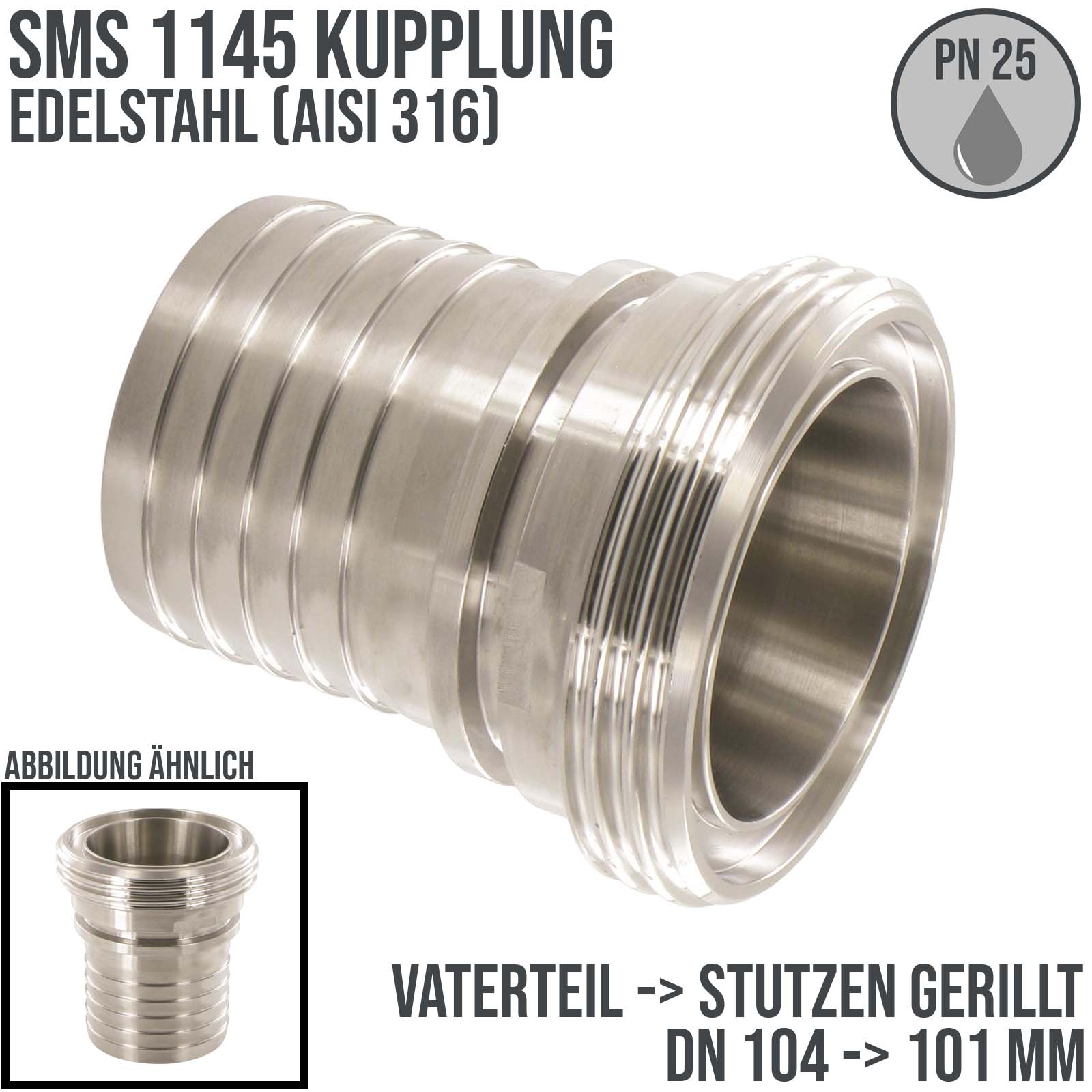 DN 104 SMS Kupplung 1145 Vaterteil VT Außengewinde Sicherungsbund - Stutzen gerillt 101 mm - PN 25 bar