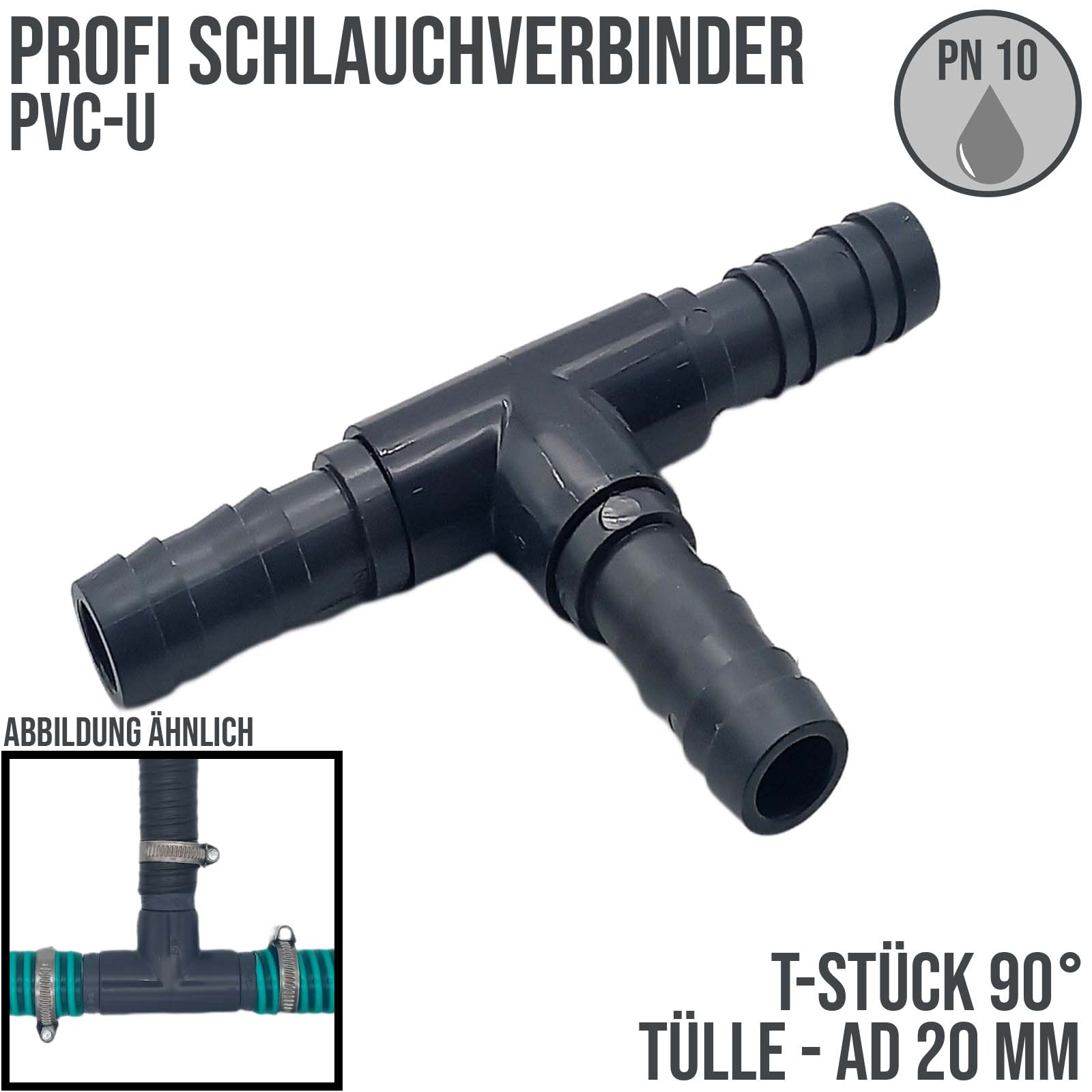 20 mm PVC PROFI T-Stück 90° Schlauch Verbinder Stutzen Tülle Pool Teich Garten - PN 10 bar