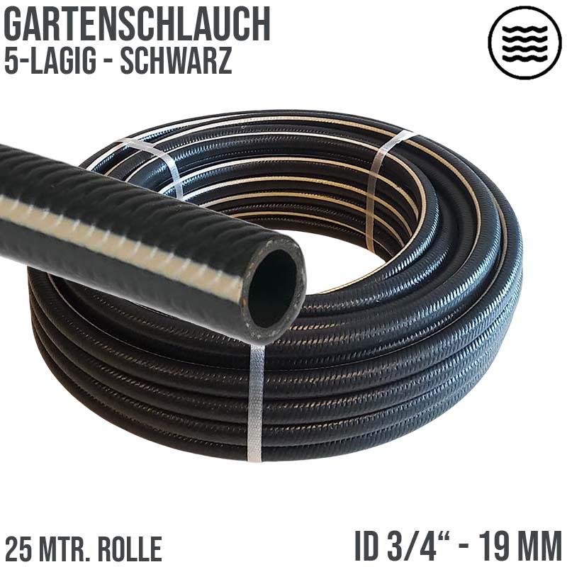 19 mm 3/4" 5-lagig PVC Garten Wasser Bewässerung Universal Schlauch schwarz - PN 8 bar - 25 m Rolle