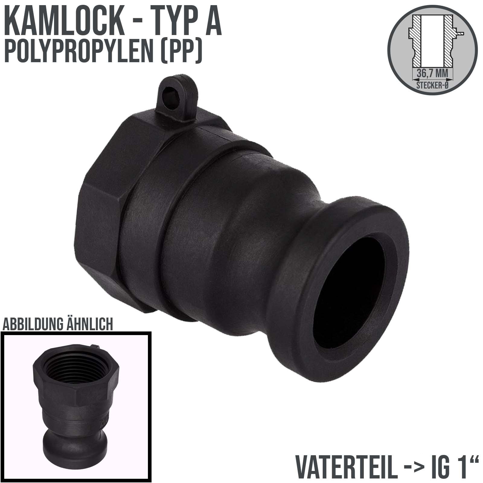 Kamlock Typ A - Vaterteil PP Polypropylen - 36,7 mm Stecker mit Innengewinde (IG) 1" Zoll DN 25  - PN 6 bar