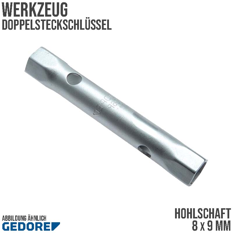8 x 9 mm Doppel Steck Schlüssel Hohlschaft Stahlrohr verchromt Gedore