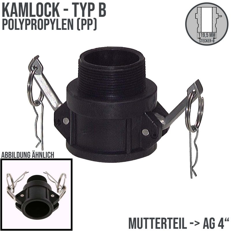 Kamlock Typ B - Mutterteil (119,5 mm) Polypropylen PP mit Außengewinde (AG) 4" Zoll DN100 - PN 5 bar