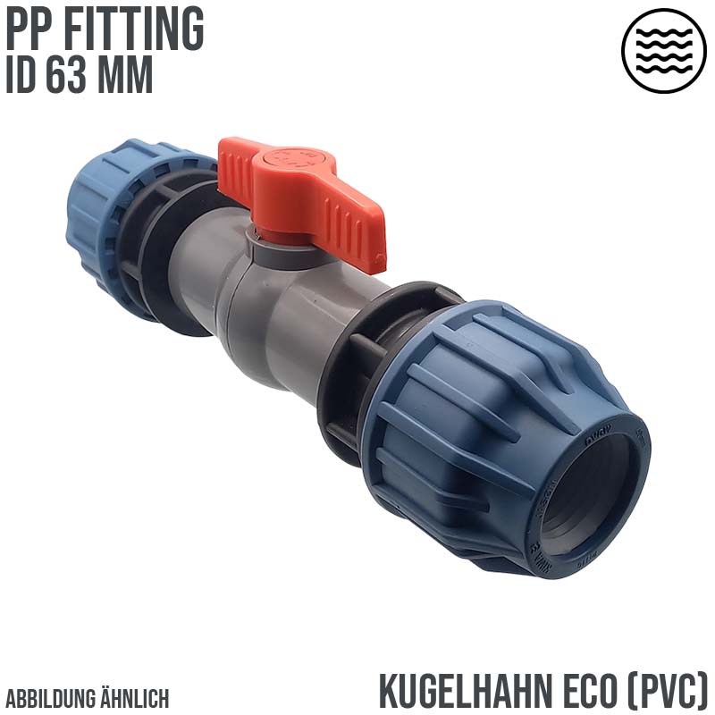 63 mm PE PP Fitting Klemm Verbinder Verschraubung Kugelhahn ECO mit 2-fach Muffe