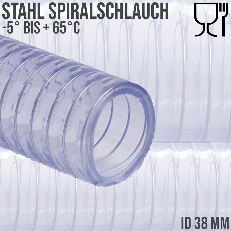 38 mm 1 1/2" Zoll Saug Ansaug Druck Abwasser Pumpen Schlauch Stahlspirale transparent PN 4 bar