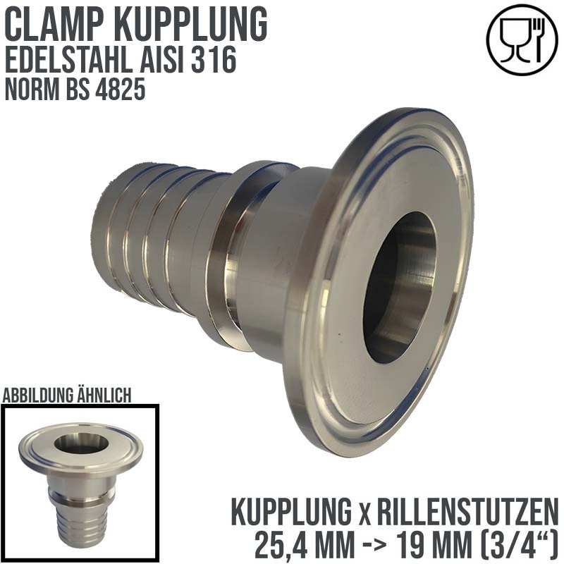 CLAMP Kupplung 25,4 mm Schlauch Stutzen Rillen Tülle 19 mm 3/4" Norm BS 4825 - PN 16 bar