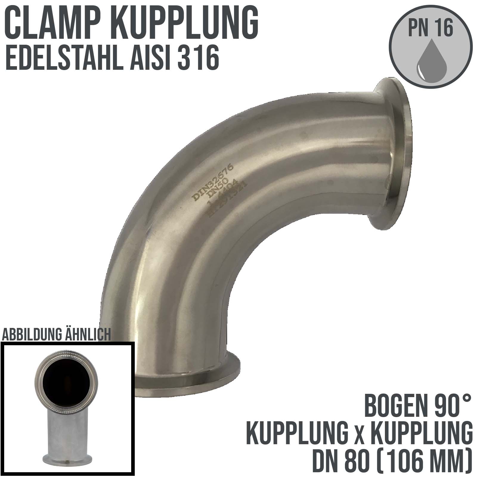 CLAMP Kupplung Bogen 90° 106 mm DIN 32676 Flansch Teller DN 80  3" - PN 16 bar