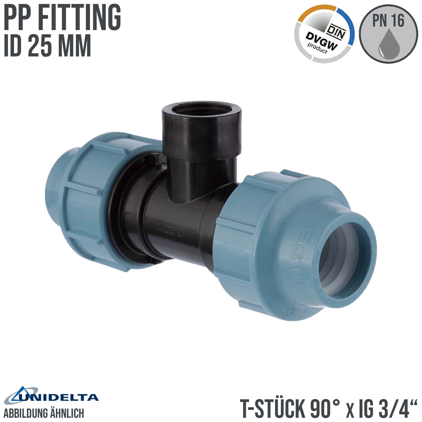 25 mm x 3/4" PE PP Fitting Klemm Verbinder Verschraubung Rohr T-Stück 90° x IG DVGW - Unidelta 