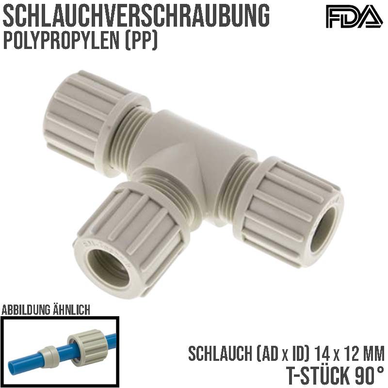 14 x 12 mm T-Stück 90° Kupplung PA PP Schlauch Verschraubung Verbinder FDA - PN 10 bar