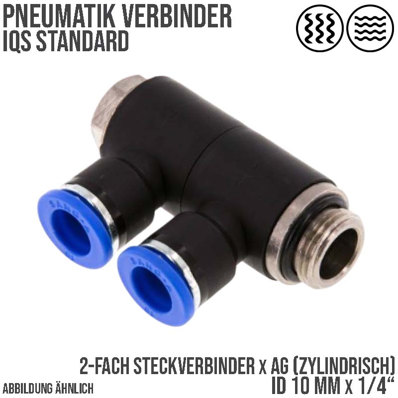 10 mm x 1/4" Pneumatik Steck Verbinder 2-fach Verteiler IQS Außengewinde zylindrisch - PN 20 bar