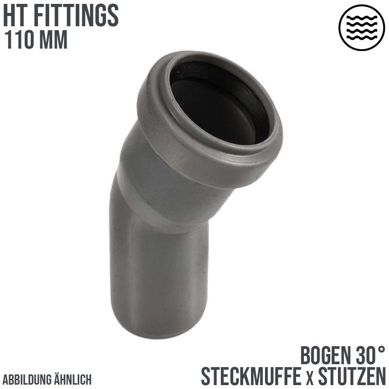 110 mm PP Bogen 30° Abzweig Abfluß Abwasser HT KG Rohr Steckmuffe x Stutzen grau