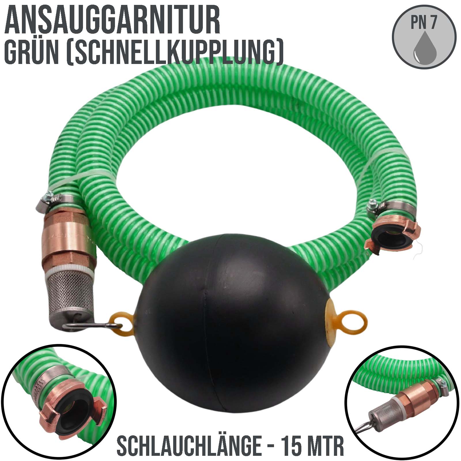 32 mm 1 1/4" Zoll Ansaug Saug Schlauch Pumpen Garnitur schwimmende Entnahme Schnellkupplung grün - 15 m