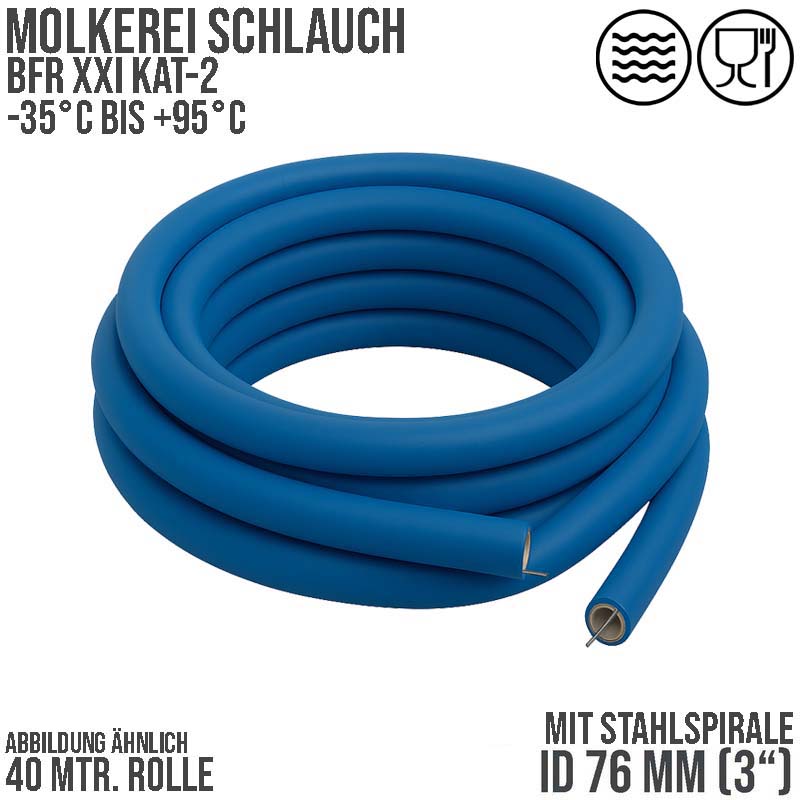 76 mm 3" Molkerei Milch Lebensmittel Schlauch Stahlspirale BfR FDA NBR NVC blau weiß - PN 10 bar - 40 m Rolle