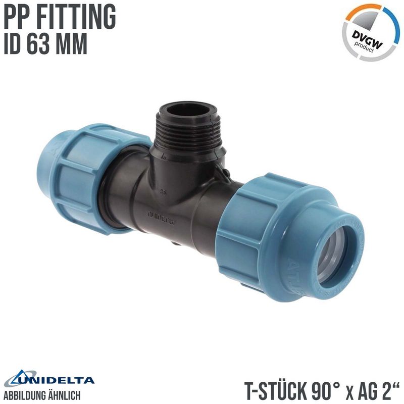 63 mm x 2" PE PP Fitting Klemm Verbinder Verschraubung Rohr T-Stück 90° x AG DVGW - Unidelta
