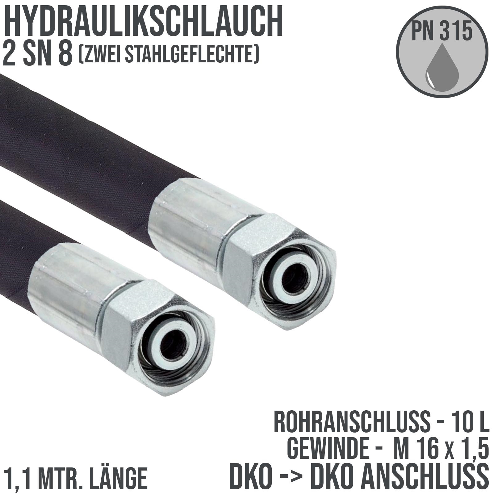 Hydraulikschlauch 2 SN 8 - 10 L DKO auf DKO Anschluss IG (M 16 x 1,5) - 1100 mm