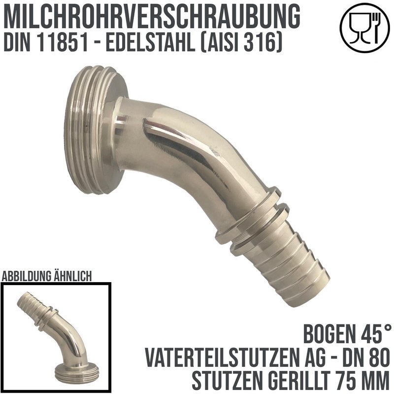DN 80 Milchrohr Verschraubung DIN 11851 VT Vaterteil Stutzen 45° Bogen Außengewinde RD Sicherungsbund - Stutzen gerillt 75 mm - PN 25 bar