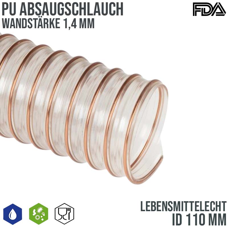 110 mm PU Saug Ansaug Druck Spiral Flex FDA Lebensmittel Schlauch - Wandstärke 1,4 mm - PN 0,55 bar