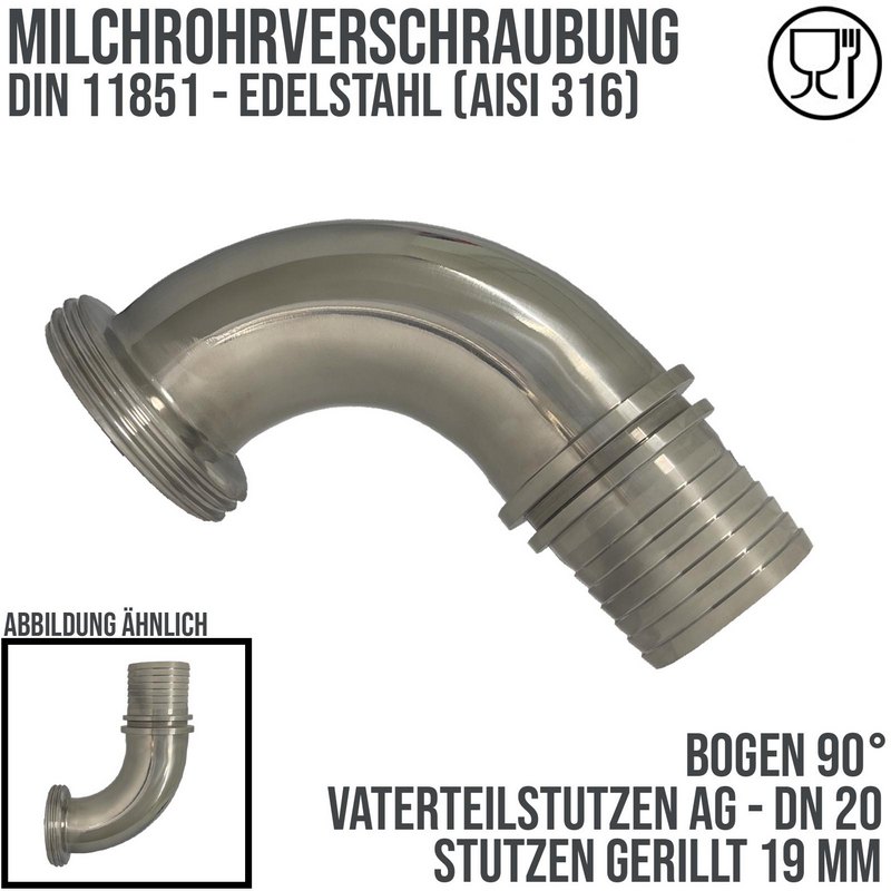 DN 20 Milchrohr Verschraubung DIN 11851 VT Vaterteil Stutzen 90° Bogen Außengewinde RD Sicherungsbund - Stutzen gerillt 19 mm - PN 25 bar