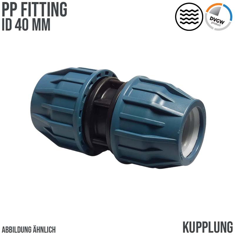 40 mm PE PP Fitting Klemm Verbinder Verschraubung Muffe Rohr Kupplung DVGW - PN 16 bar
