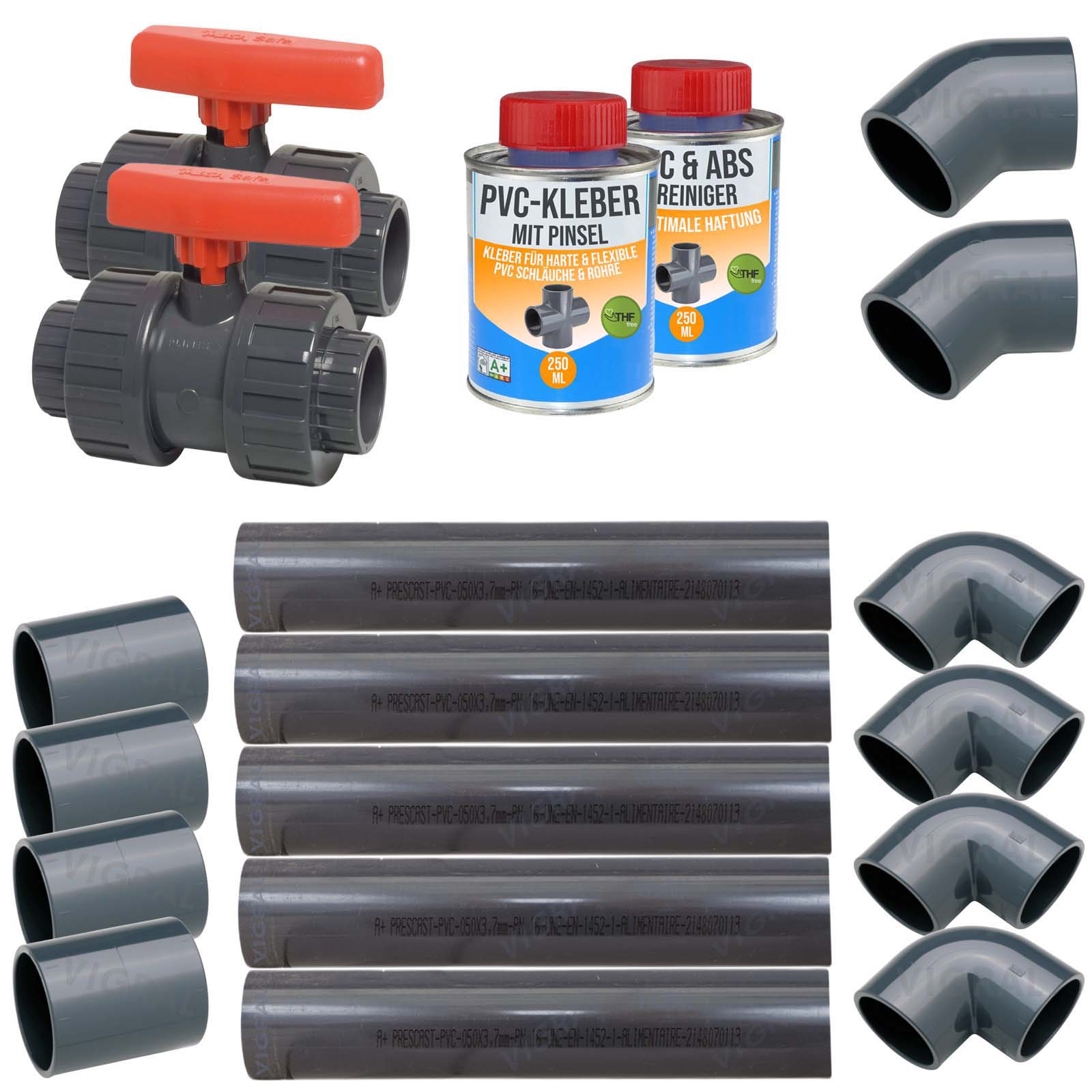 50 mm PVC Klebe Fittings Verrohrungspaket Pool Schwimmbad Schlauch Rohr FEST - 5 m - rot