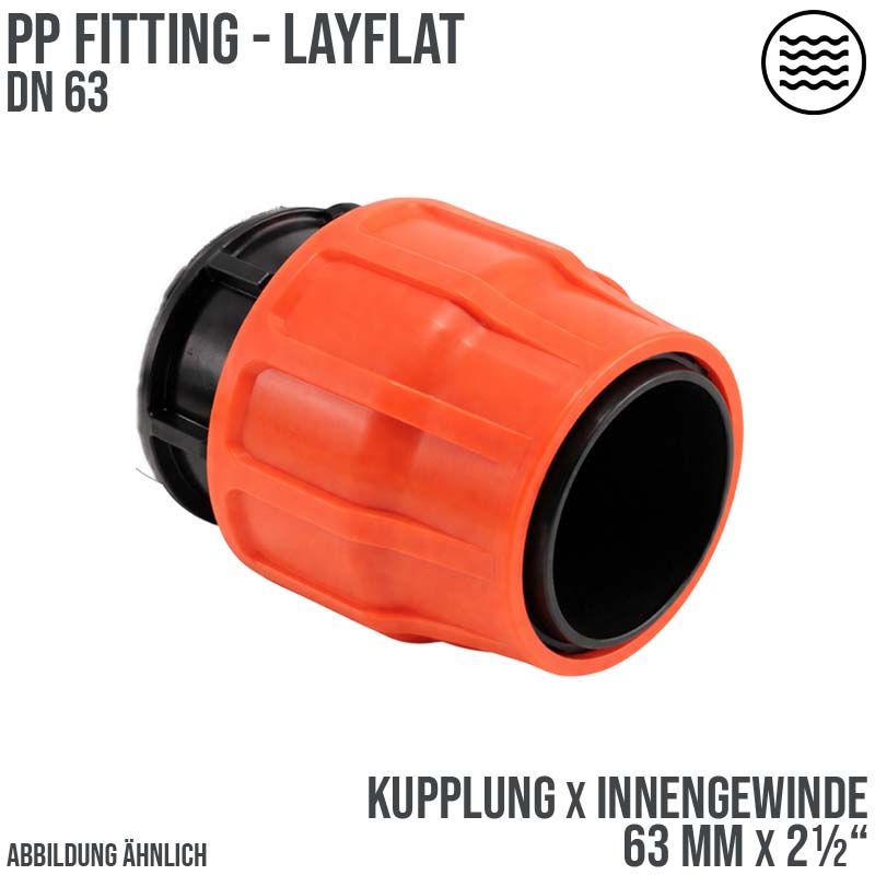 63 mm x 2 1/2" PE PP Fitting Layflat Klemm Verbinder Kupplung x Innengewinde IG Flach Schlauch - PN 10 bar