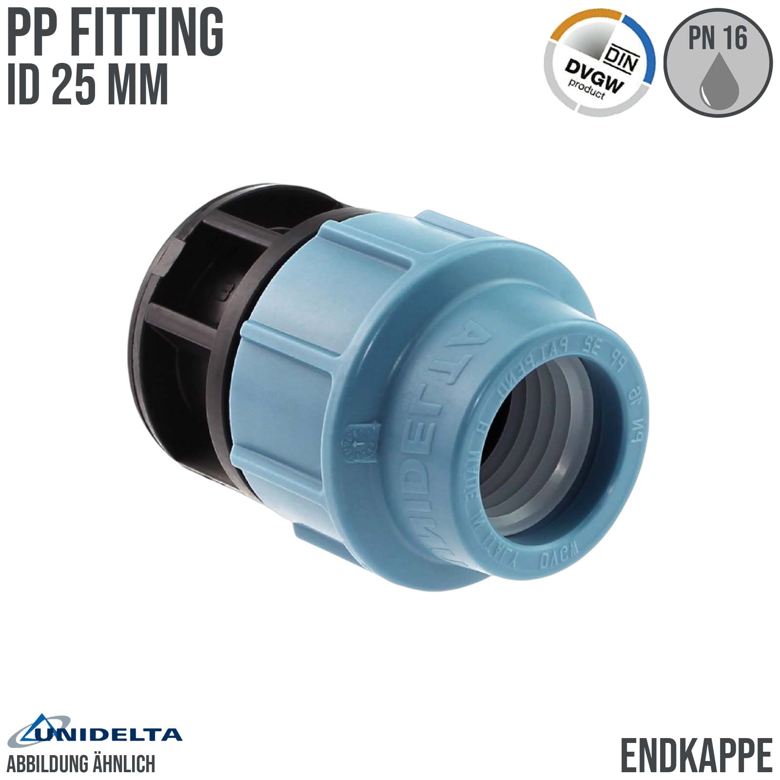 25 mm PE PP Fitting Klemm Verbinder Kappe Endkappe Endstück Muffe Verbinder  DVGW - Unidelta