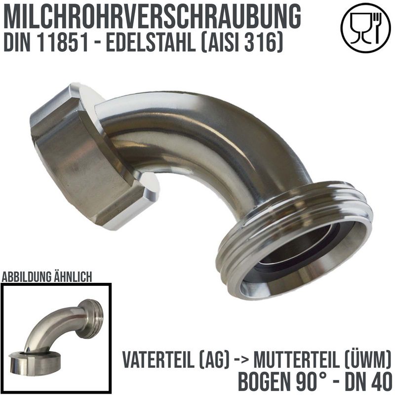DN 40 Milchrohr Verschraubung DIN 11851 Mutterteil Vaterteil Kegel Stutzen 90° Bogen Innen x Außengewinde - PN 25 bar