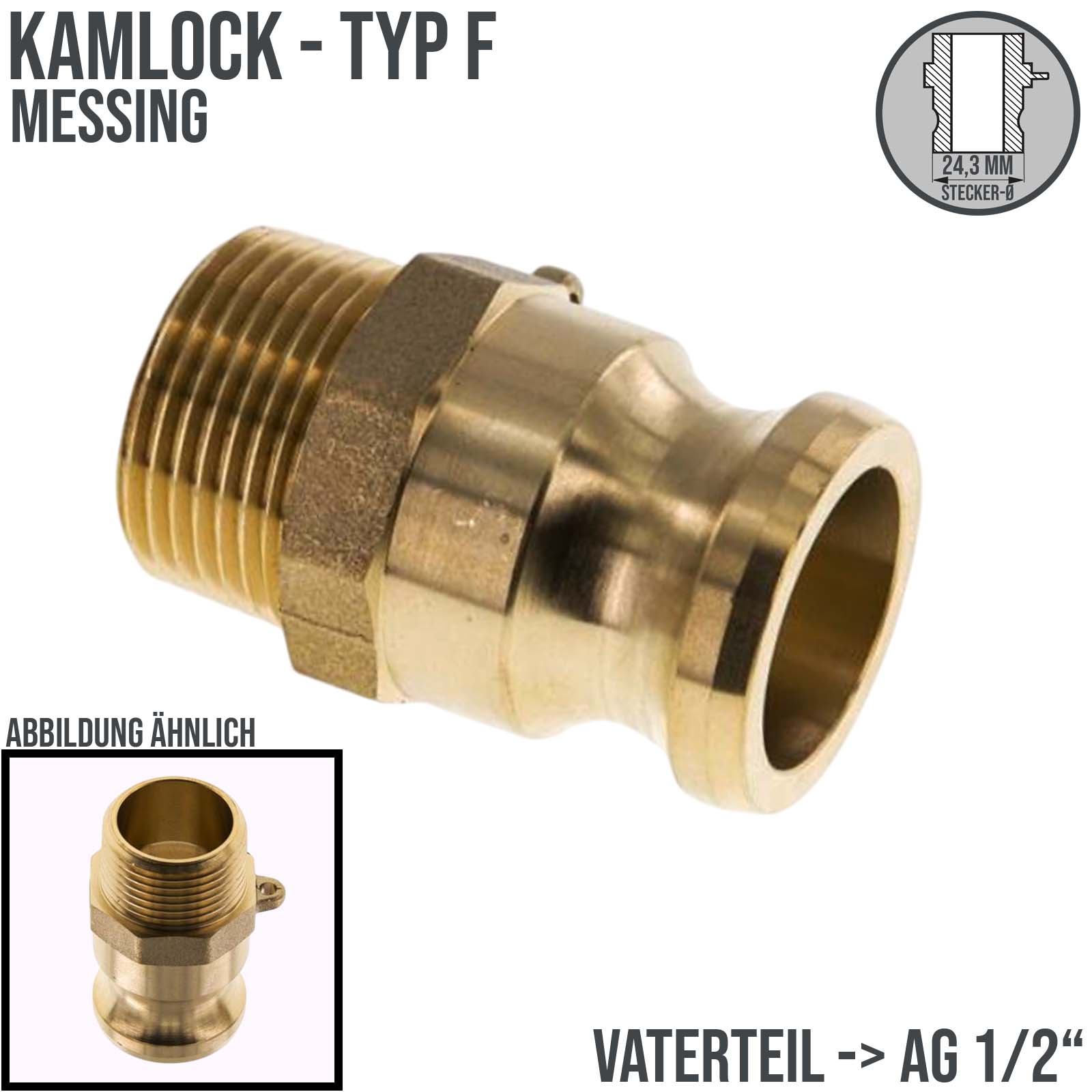 Kamlock Typ F - Vaterteil Messing - 24,3 mm Stecker mit Außengewinde (AG) 1/2" Zoll DN 15 - PN 17 bar