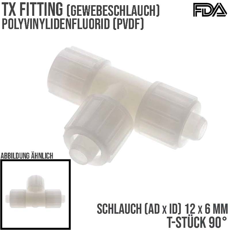 12 x 6 mm T-Stück 90° TX Fitting Gewebe Schlauch Verbinder FDA PVDF weiß - PN 10 bar