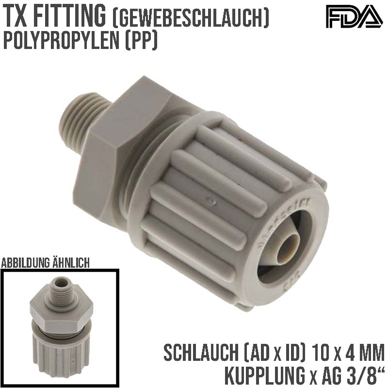10 x 4 mm x 3/8" Kupplung Außengewinde TX Fitting Gewebe Schlauch Verbinder FDA PP beige - PN 10 bar