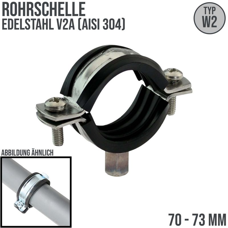 70 - 73 mm Rohr Schraub Schelle Klemme mit Gummieinlage M8 M10 2-teilig Edeltahl AISI 304 DIN 4109