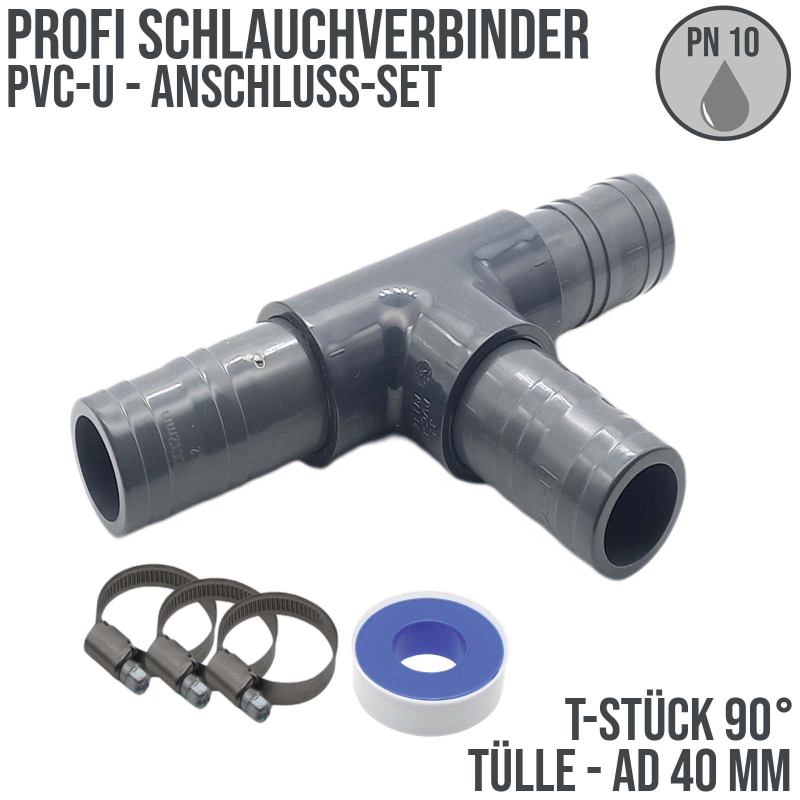 40 mm PVC PROFI T-Stück 90° Schlauch Verbinder Stutzen Tülle Pool Teich Garten - PN 10 bar - Montage-Set
