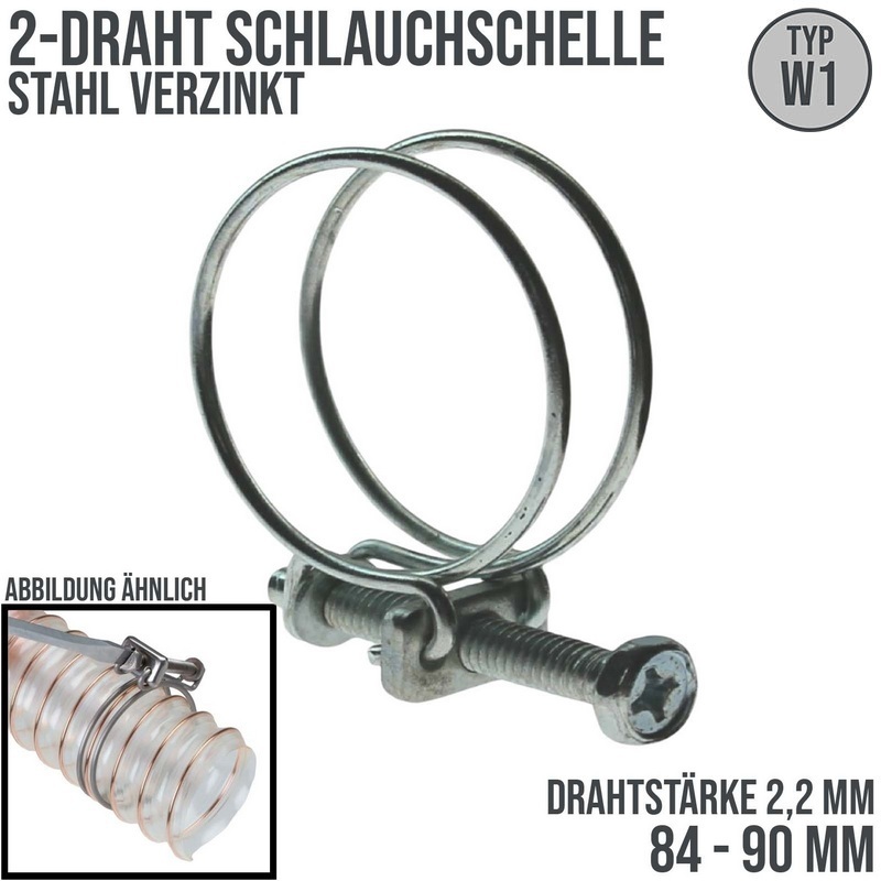 84 - 90 mm 2-Draht Schlauch Schelle W1 Stahl verzinkt Schraube M6 x 50 Draht 2,2 mm
