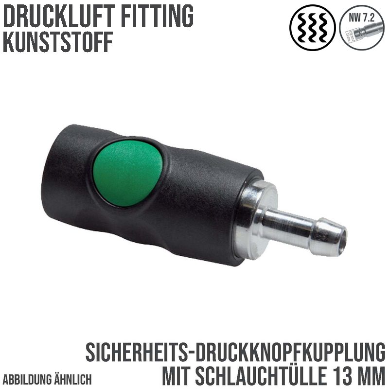 13 mm Druckluft Sicherheits Kupplung Kunststoff NW 7.2 Schlauch Tülle - PN 12 bar
