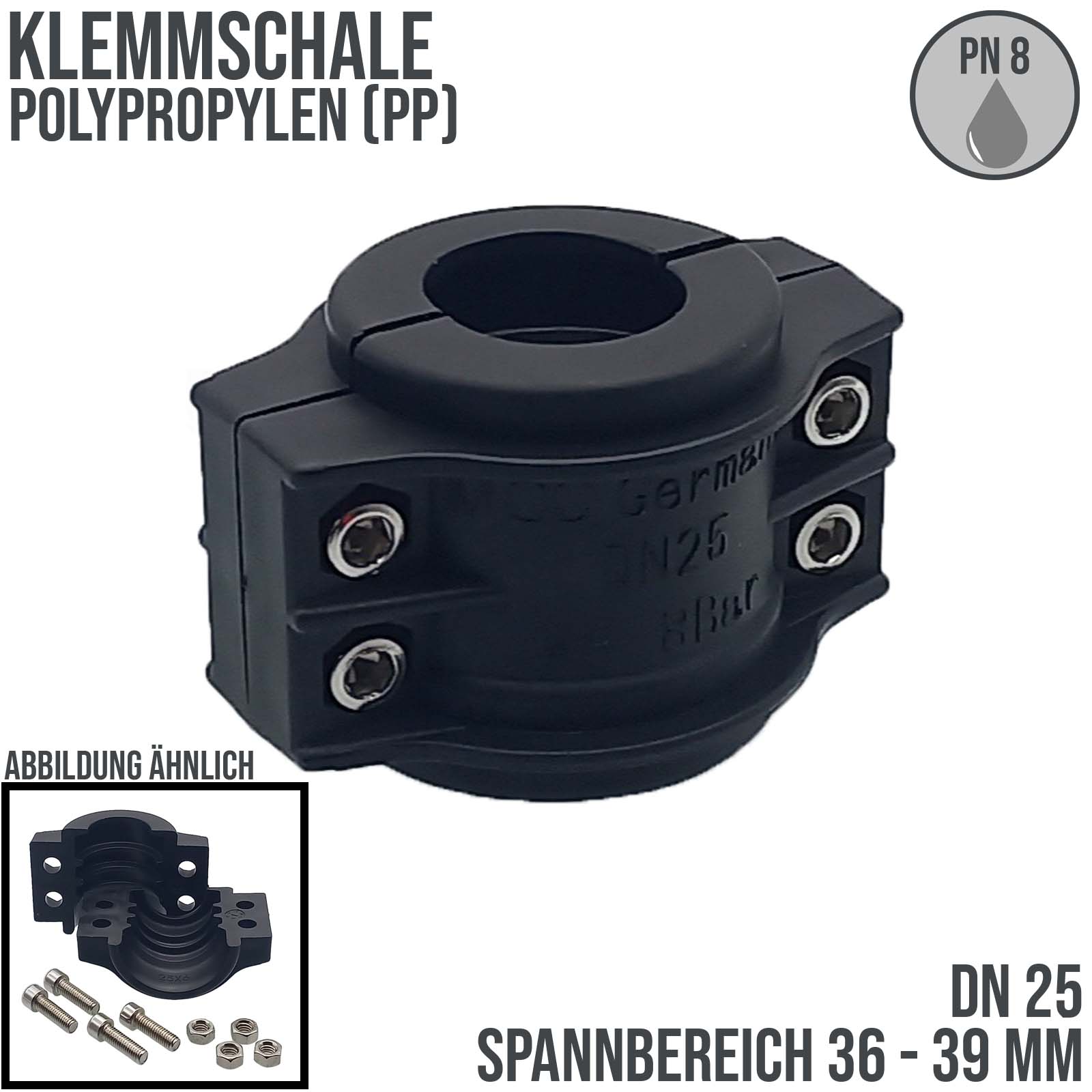 DN 25 Klemmschale Polypropylen PP schwarz Spannbereich 36 - 39 mm für Schlauch ID x AD 25 x 37 mm - PN 8 bar