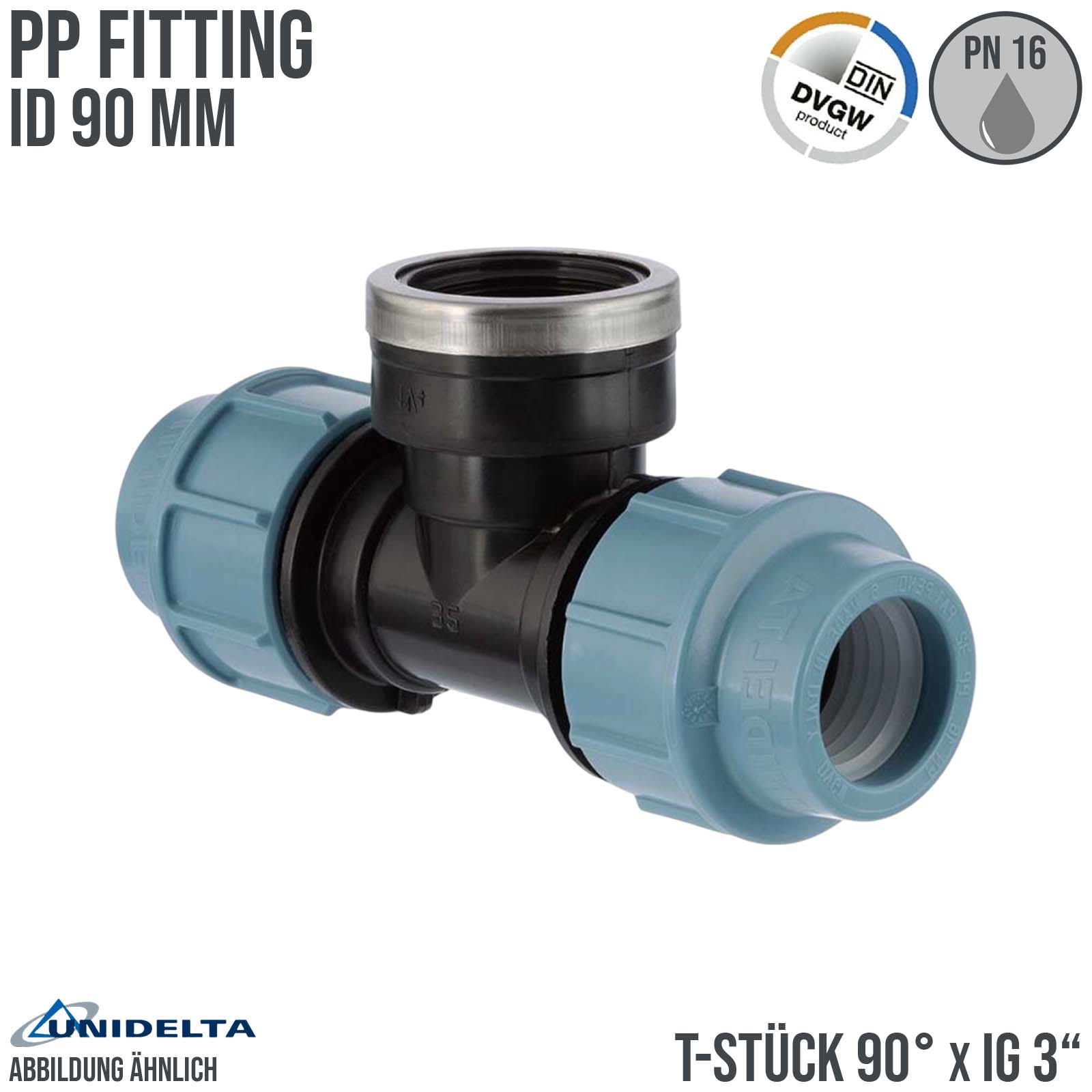 90 mm x 3" PE PP Fitting Klemm Verbinder Verschraubung Rohr T-Stück 90° x IG DVGW - Unidelta 
